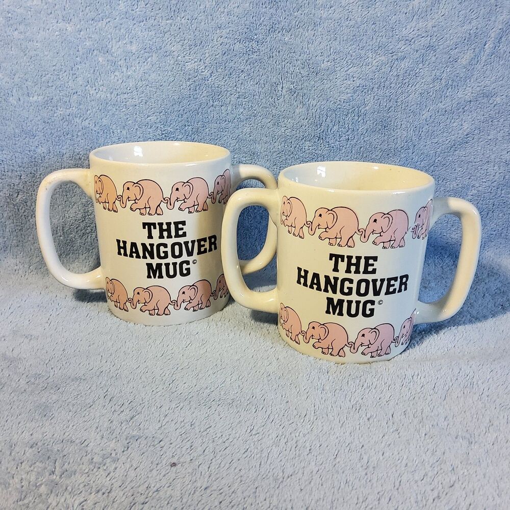 2 Vintage 1982 The Hangover Mug Double Two Handle Ceramic Pink Elephant Chadwick